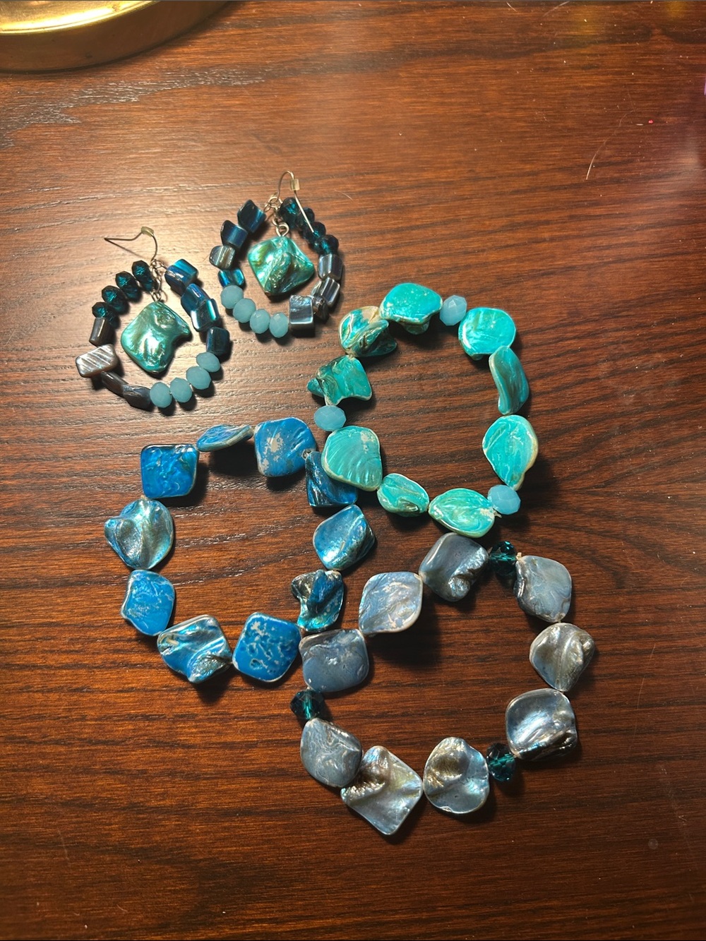 Handmade Teal & Blue Shell Bead Jewelry Set - Bracelets & Earrings